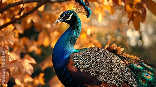 Majestic peacock amidst autumn leaves