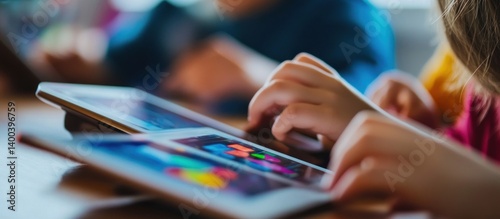 Child's hands using a tablet, another child blurred in background.