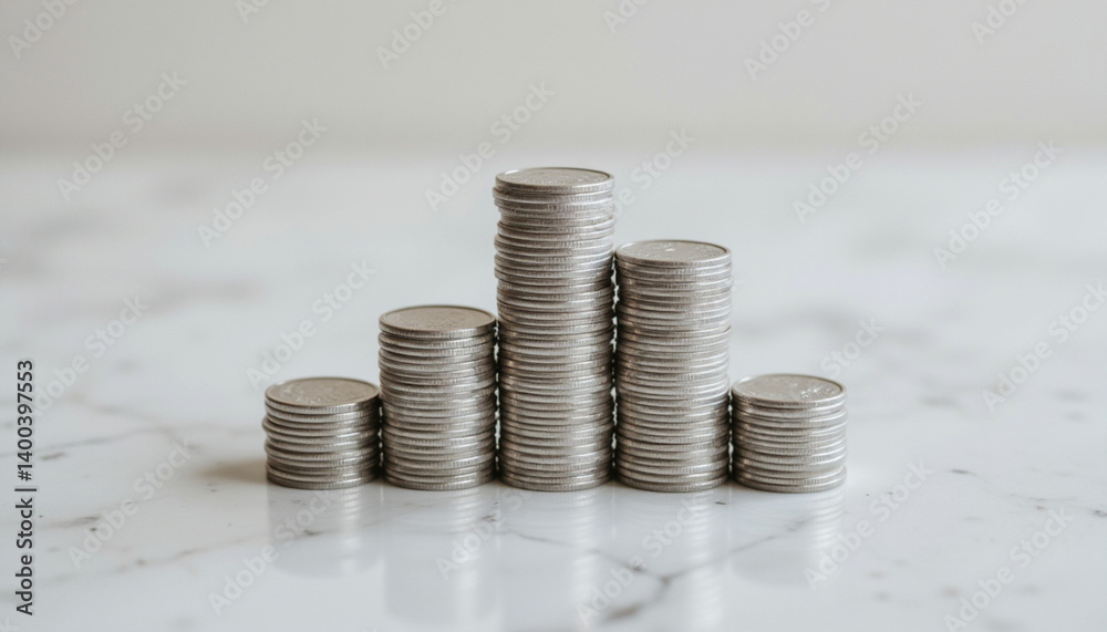 stack of silver coins arranged in pyramid shape on marble surface, symbolizing wealth and savings stack of silver coins arranged in pyramid shape on marble surface, symbolizing wealth and savings