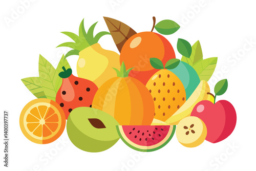 Colorful Fruit Assortment Still Life with Orange Pineapple Apple Banana, White Background