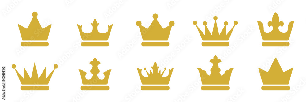 A set of crowns with different shapes and sizes. The crowns are all gold and are arranged in a row A set of crowns with different shapes and sizes. The crowns are all gold and are arranged in a row