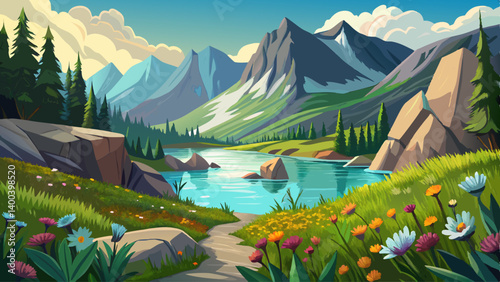 A serene alpine lake tucked between granite ridges, wildflowers blooming along its edge
