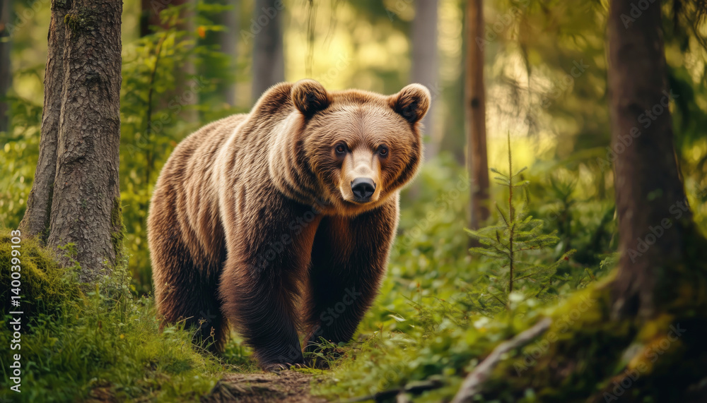 Fototapeta premium Brown bear in green forest. Animal photo in nature