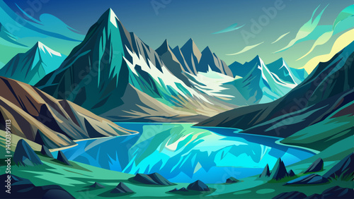 A hidden mountain lake glowing turquoise in the sun, fed by distant glaciers and surrounded by silence