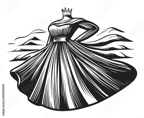 Elegant Woodcut Fashion Illustration of a Dress with Flowing Skirt