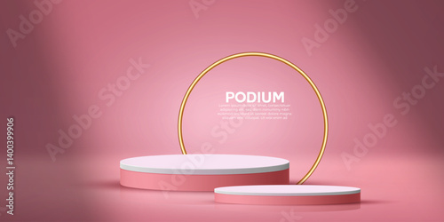 3D pink podium design vector in an isolated background. Realistics promotion product sale studio background design vector. Abstract minimalist empty product display mockup design with pink gradient. 
