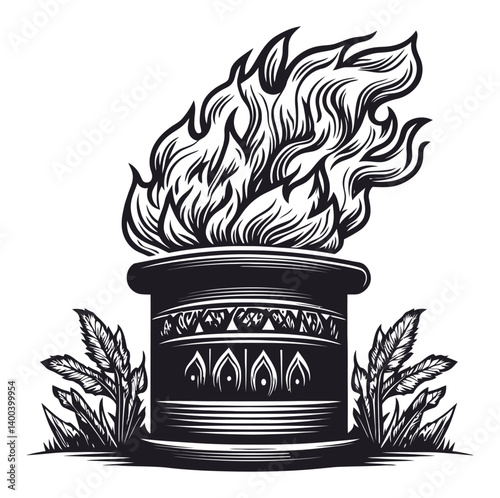 Woodcut Style Illustration of Flame Emanating from Pot