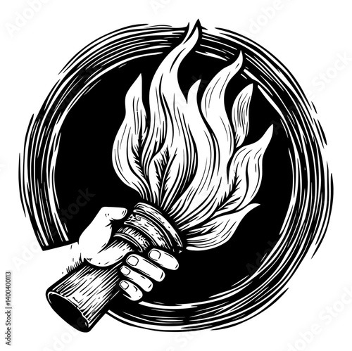 Hand Holding a Torch with Flames in a Vintage Woodcut Style