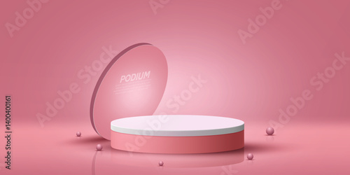 3D pink podium design vector in an isolated background. Realistics promotion product sale studio background design vector. Abstract minimalist empty product display mockup design with pink gradient. 