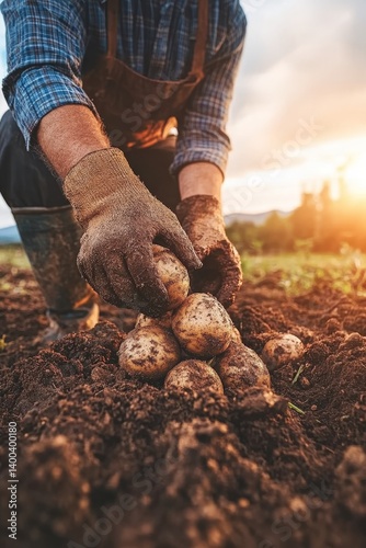 The farmer delicately excavates the earth, exposing golden-brown potatoes in the loose soil. Sunlight shines through, casting gentle shadows amidst the fresh greens surrounding the harvest