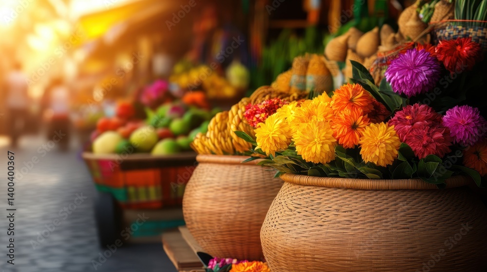 Fototapeta premium Vibrant flower market scene showcasing colorful blooms and fresh produce at sunset