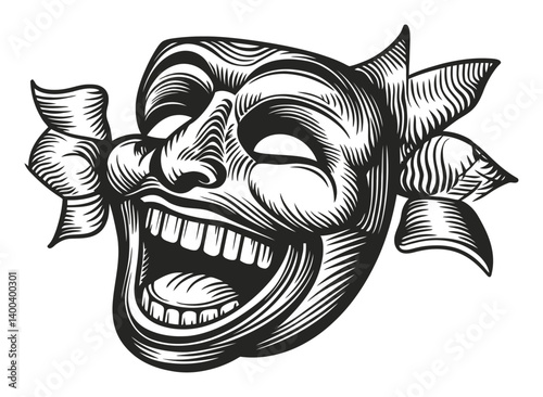Detailed Woodcut Style Laughing Theater Mask with Floral Accents