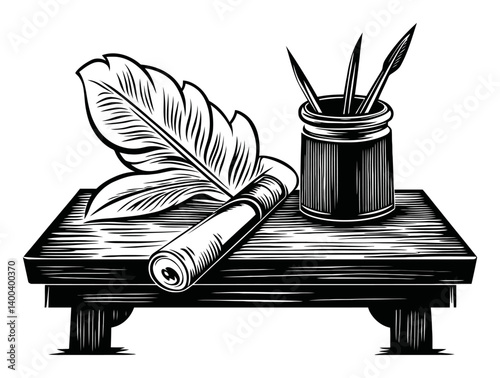 Artistic Woodcut Still Life with Leaf, Ink Jar, and Brushes