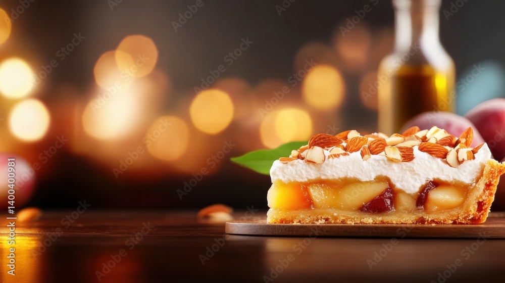 A beautifully crafted plum tart with a crispy crust and a creamy almond topping is presented on a wooden plate A beautifully crafted plum tart with a crispy crust and a creamy almond topping is presented on a wooden plate