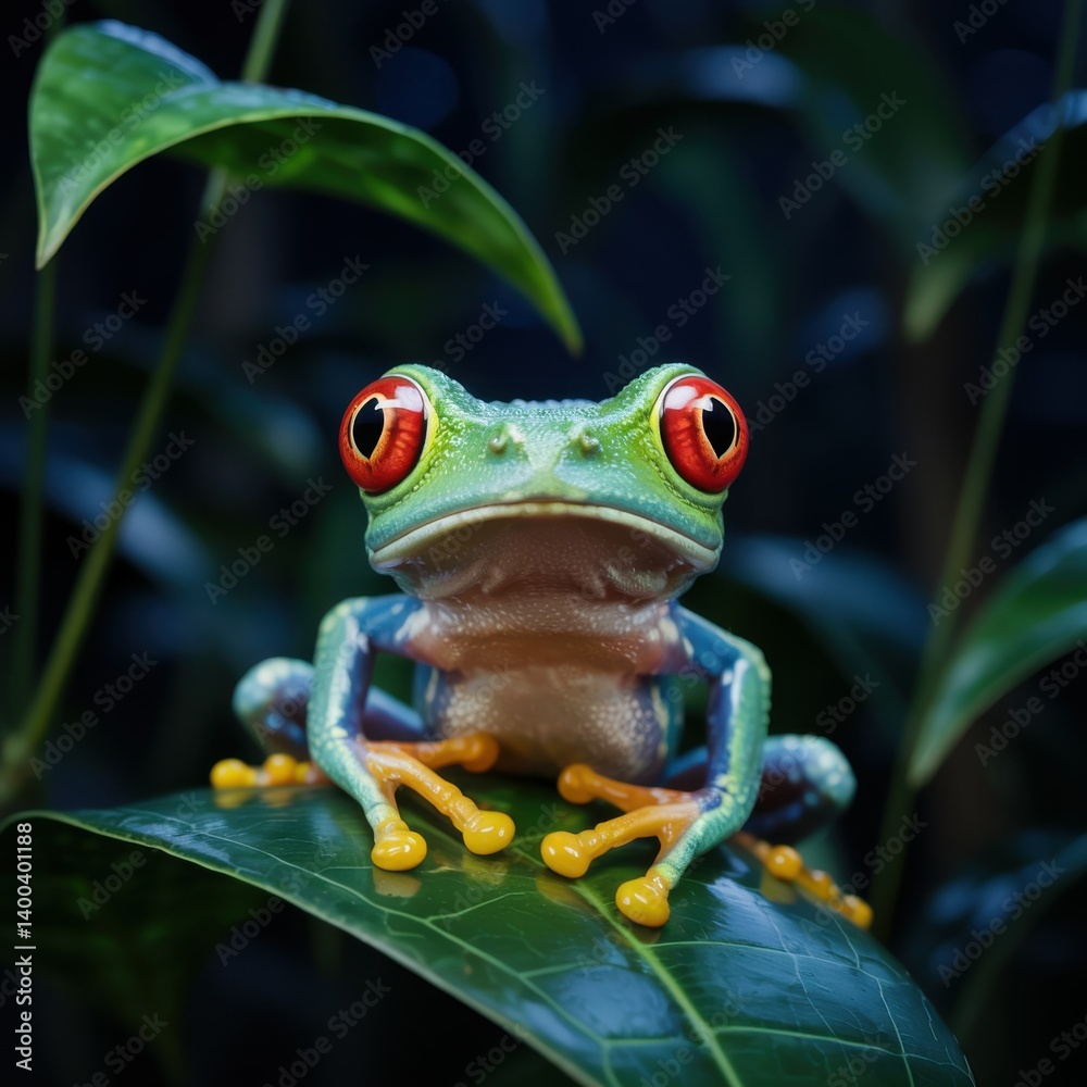 Fototapeta premium Red-Eyed Tree Frog on Leaf Digital Painting