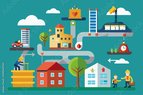 Vector infographic showing stages of construction from foundation to finishing