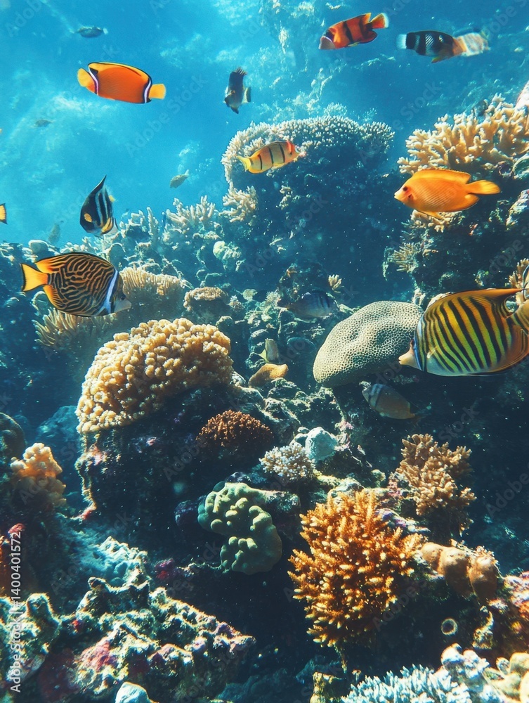 Fototapeta premium Vibrant underwater scene featuring colorful coral reefs and various species of tropical fish swimming in clear blue ocean