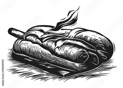 Rustic Woodcut of a Freshly Baked Loaf with Steaming Aroma