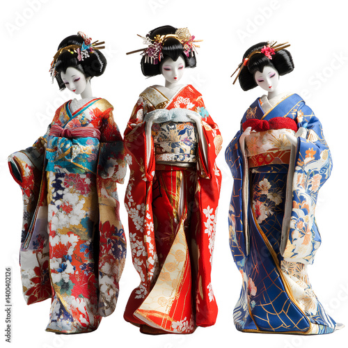  - Three Japanese geisha dolls in traditional kimonos, standing on a transparent  background, png