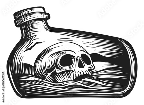 Skull in Bottle Woodcut Style Art Illustration in Black and White
