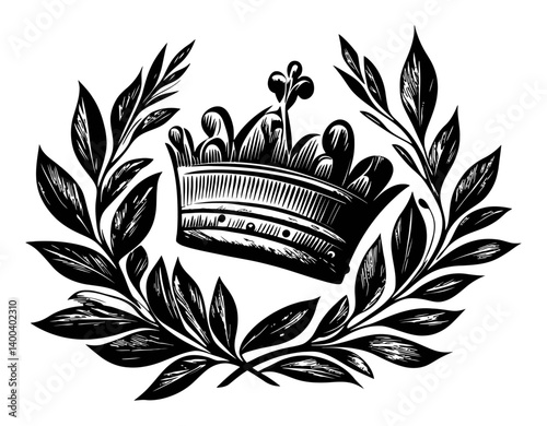 Vintage Woodcut Illustration of Crown Surrounded by Olive Leaves