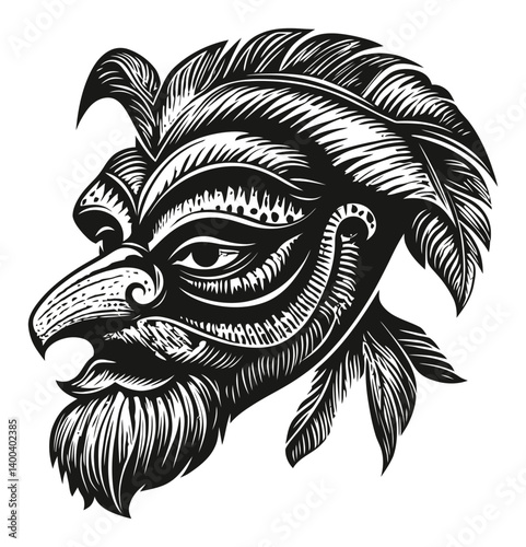 Intricately Designed Woodcut Illustration of a Masked Face in Profile