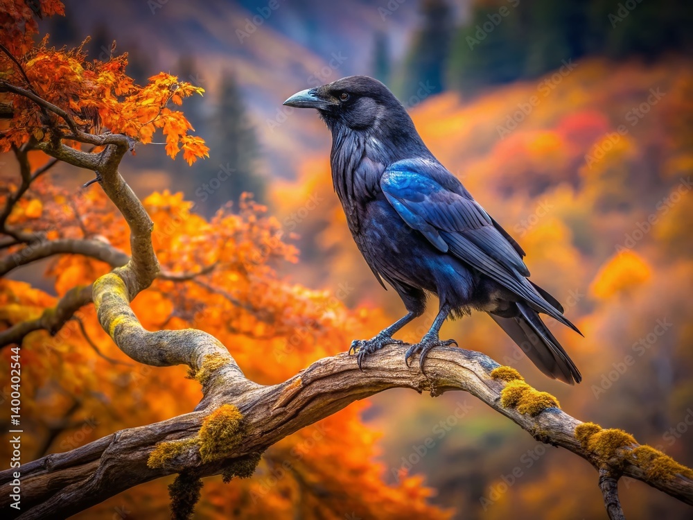 Naklejka premium Majestic Raven Perched on a Twisted Branch - Rule of Thirds Composition