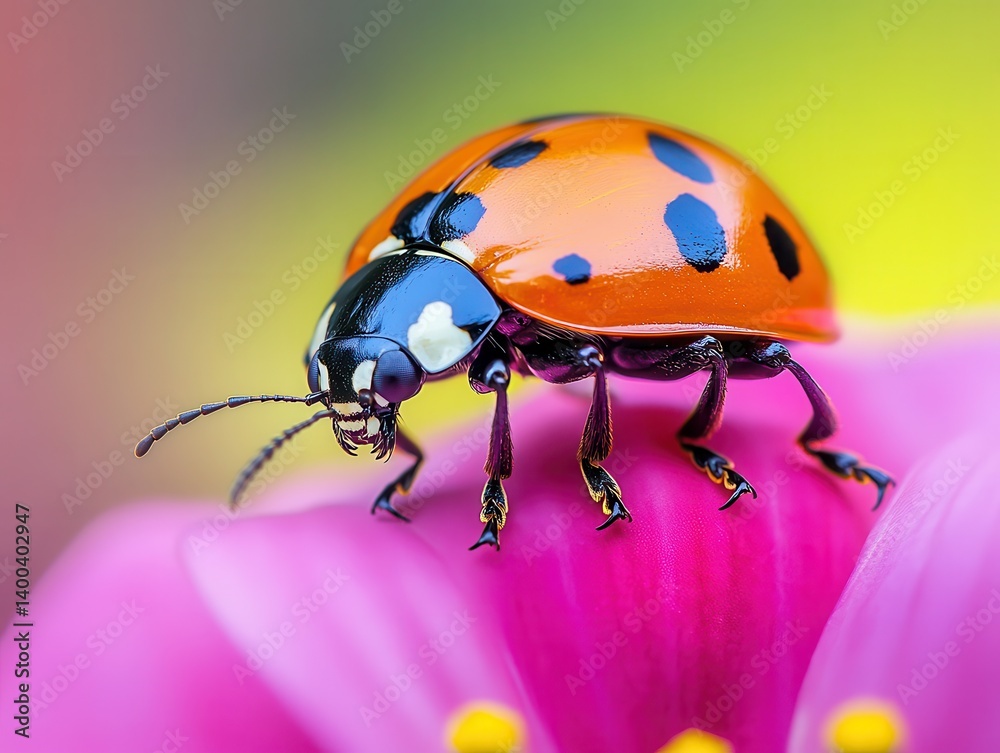 Naklejka premium Ladybug Macro on Bright Pink Flower