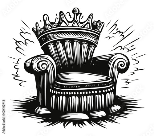 Regal Woodcut Illustration of a Crowned Chair with Ornate Details