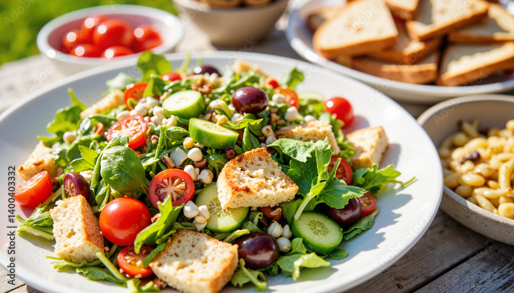 Colorful Fattoush Salad with Toasted Pita and Fresh Vegetables in Bright Outdoor Setting for Healthy Eating Blogs, Recipe Websites, and Social Media Food Content Colorful Fattoush Salad with Toasted Pita and Fresh Vegetables in Bright Outdoor Setting for Healthy Eating Blogs, Recipe Websites, and Social Media Food Content