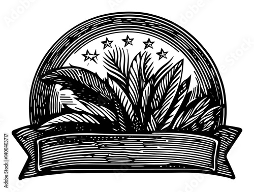 Vintage Woodcut Style Illustration of Leaves with Decorative Banner
