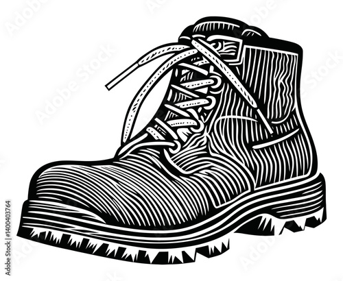 Detailed Woodcut Illustration of a Work Boot in Black and White