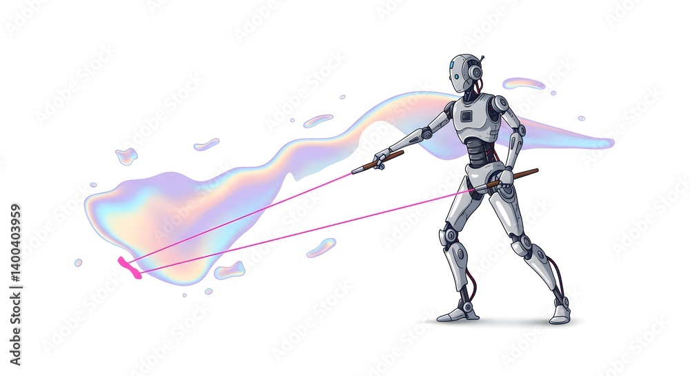 A robot creating holographic art with laser pointers against a white background with light effects A robot creating holographic art with laser pointers against a white background with light effects