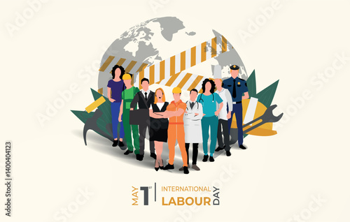International Labour day. Group of Workers from different occupation standing on globe with hammer safety helmet background.1st May. Labor day banner design. Vector illustration. 