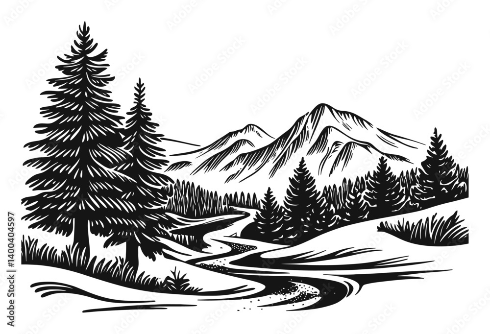 Obraz premium Serene Woodcut Scene of Mountains, Trees, and Winding River
