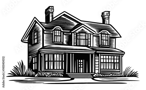 Vintage woodcut style illustration of a large traditional house