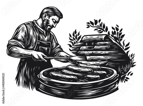 Traditional Woodcut Style of a Chef Grilling Sausages Outdoors