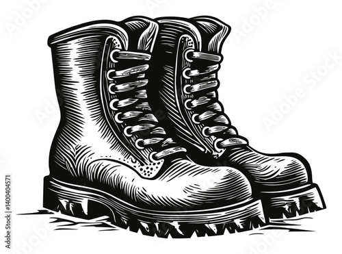 Detailed Woodcut Illustration of Classic Hiking Boots in Black and White