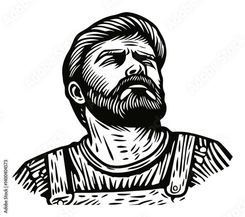 Detailed Woodcut of a Man with Strong Facial Features and Expression