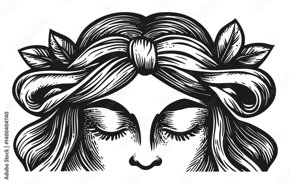 Obraz premium Detailed Woodcut Illustration of a Serene Female Face with Hair