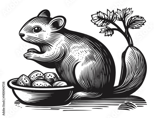 Detailed Woodcut Illustration of a Squirrel with Food Bowl