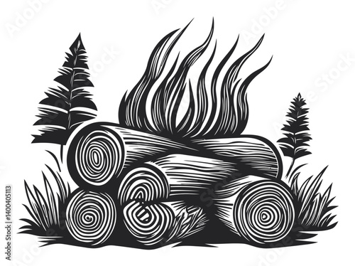 Black and White Woodcut Illustrating Logs and Flames in Nature