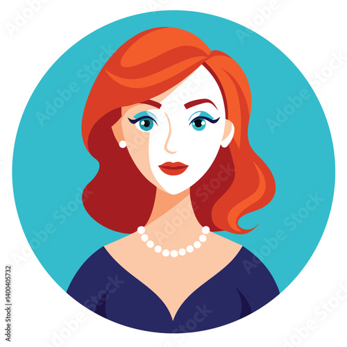 Elegant Redhead Woman Portrait with Pearl Necklace on Blue Round Background