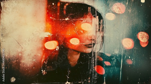 Ethereal portrait with vintage texture overlay, evoking a sense of nostalgic melancholia