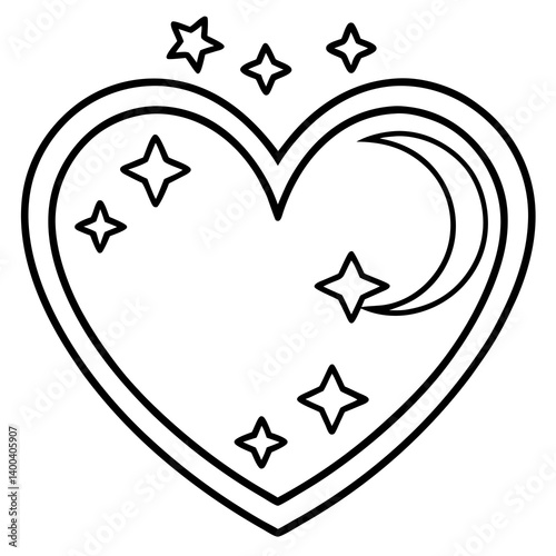 Heart-Shaped Line Art with Moon and Stars