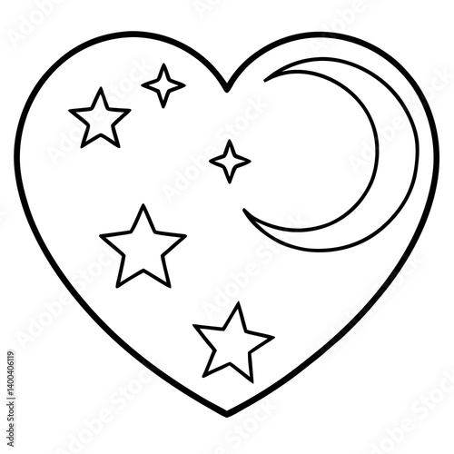 Heart-Shaped Line Art with Moon and Stars