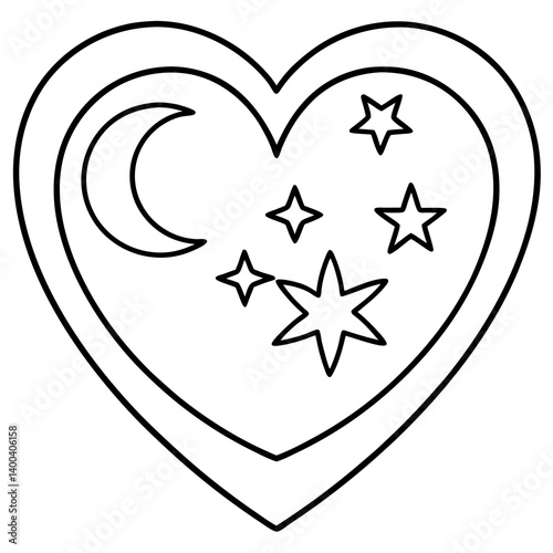 Heart-Shaped Line Art with Moon and Stars