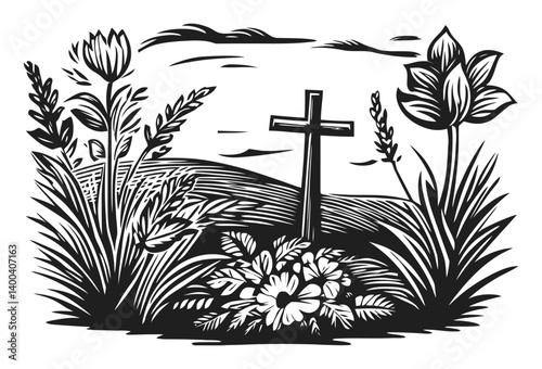 Detailed Woodcut Illustration of Cross Surrounded by Flowers and Plants