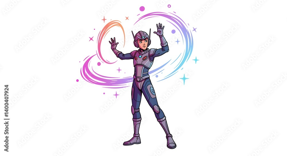 Cartoon character in futuristic suit with hands raised against colorful swirling background art Cartoon character in futuristic suit with hands raised against colorful swirling background art