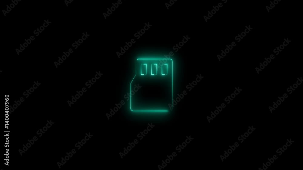 SD Card neon sign appear in center and disappear after some time. Animated blue neon icon on black background. SD Card neon sign appear in center and disappear after some time. Animated blue neon icon on black background.
